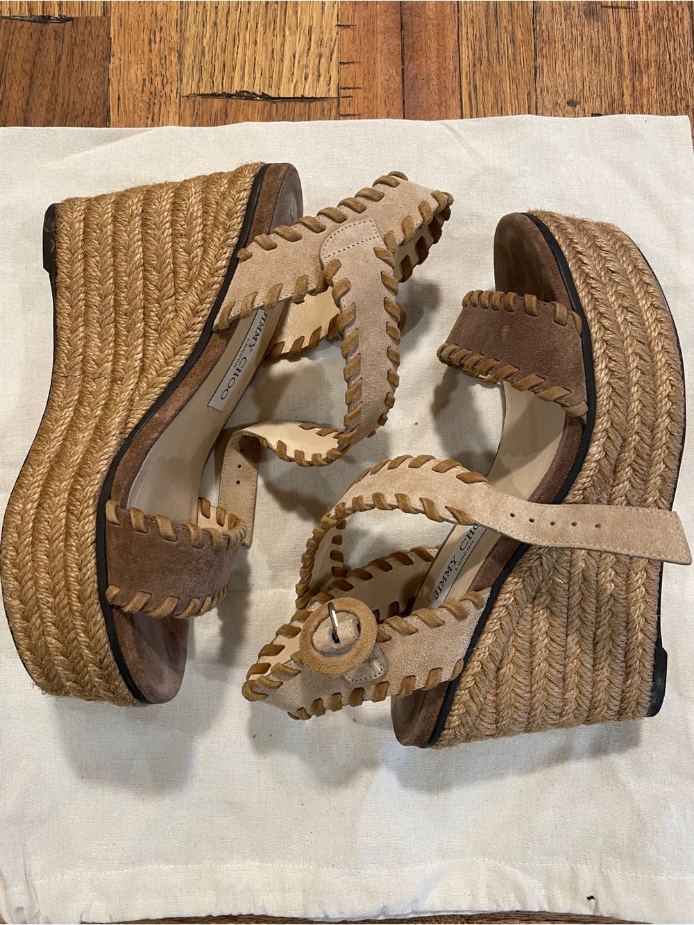 Jimmy Choo Beige Suede Espadrille Wedge Sandals